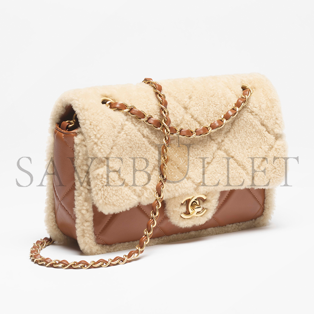 Ch*el shearling lambskin & gold-tone metal flap bag as5148 (18*12*6cm)